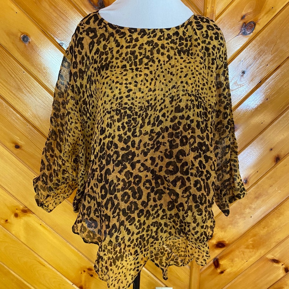 Sterling Styles Women's Leopard Print Sheer Kimono Top Gold Metallic Accent